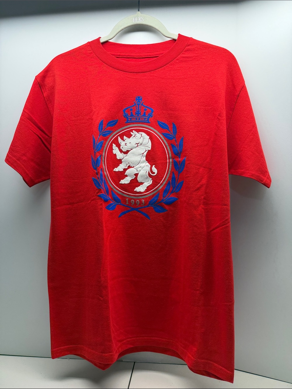 Ecko Unlimited Red Short Sleeve Tee with Blue Crest and White Rhino. NWOT